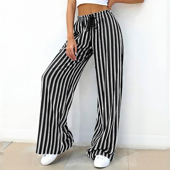 Dwellite Womens Plus Size Wide Leg Pants Elastic High Waist Striped Casual Palazzo Pants Lounge Trouser with Pockets Black M