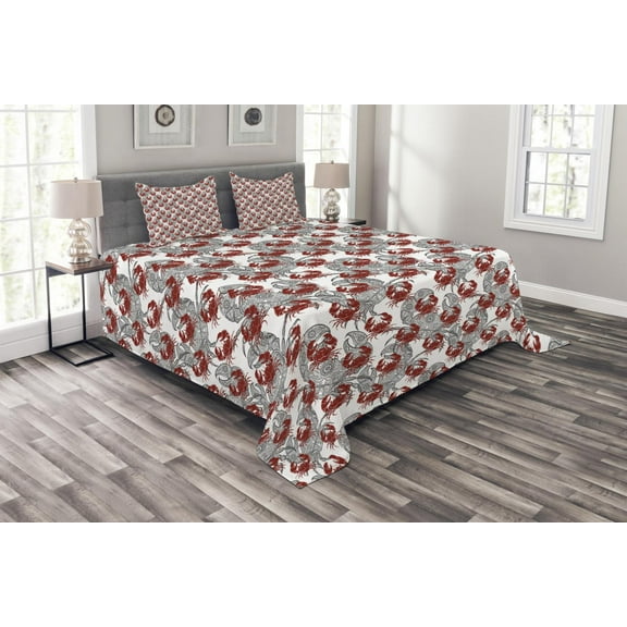 Ambesonne Sea Animal Quilted Bedspread Set 3 Pcs, Illustration of Crab, Queen Size, Ruby and Grey