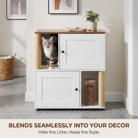 Double Cat Litter Box Enclosure Furniture for 2 Cats, 2 Tier Hidden Cat Litter Cabinet with Scratching Posts and Litter Mats, White Vintage Wood