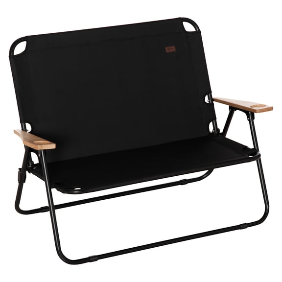 Double Folding Camping Chair, Loveseat for 2 Adults, Portable Camping Couch with Wood Armrest & Cupholders, for Backpacking, Beach, Sports Travel, Black