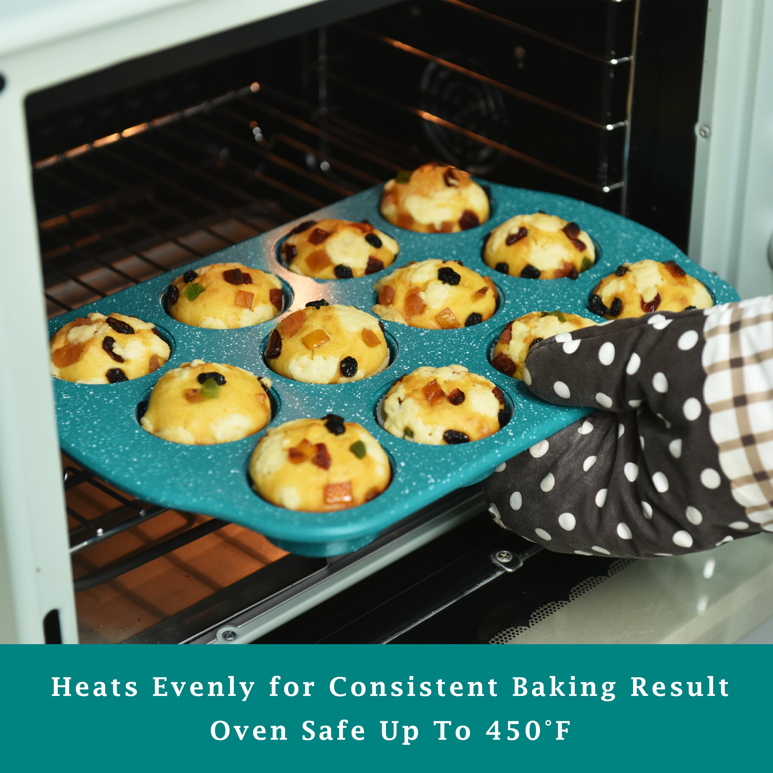 (3 pack) The Pioneer Woman Teal Speckle Timeless 12-Cavity Nonstick Muffin Pan, 15.72", Blue