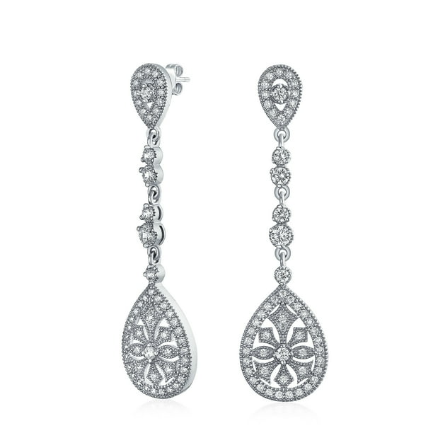 Deco Style Bridal Teardrop Cubic Zirconia Filigree Statement Prom Pageant Chandelier Earrings Women Silver Plated Brass Com Deco Style Bridal Teardrop Cubic, Cubic Zirconia Teardrop Chandelier Earrings