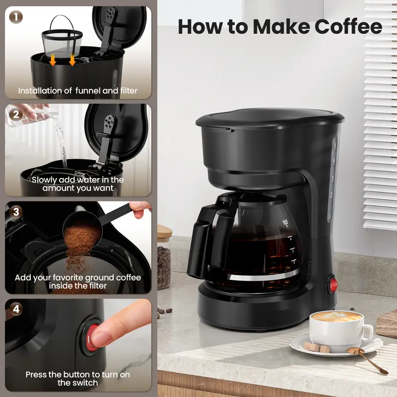 Auseo 5-Cup Fast Brew  Drip Coffee Maker Quick Heat, Anti-Drip & Detachable Funnel & Filter, 700W Beginner-Friendly Espresso Machine with Glass Carafe