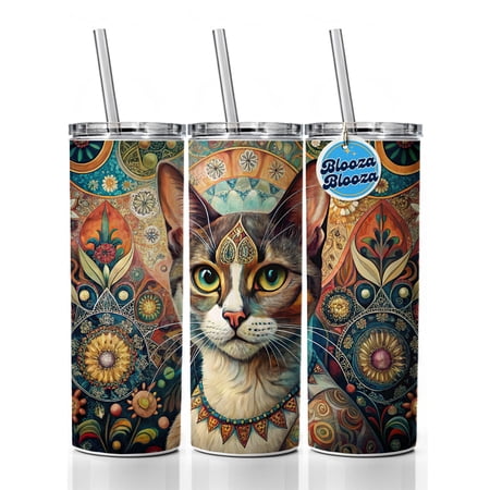 Calico Cat French Bohemian Art 20oz Insulated Water Bottle Skinny Tumbler Includes Straw