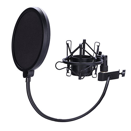 Mic Anti-Vibration Suspension Shock Mount Holder Clip for Diameter 46mm-53mm Microphone Microphone Shock Mount with 6 Inch Mic Round Shape Wind Pop Filter Mask Shield