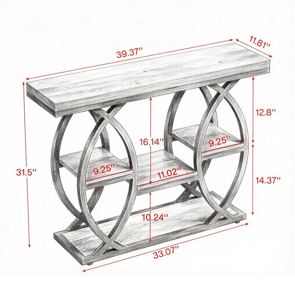 4-Tier Industrial Console Table, Rustic Top with Geometric Metal Frame, Narrow Entryway Sofa Table with Anti-Tip Device & Adjustable Foot Pads for Home Decor