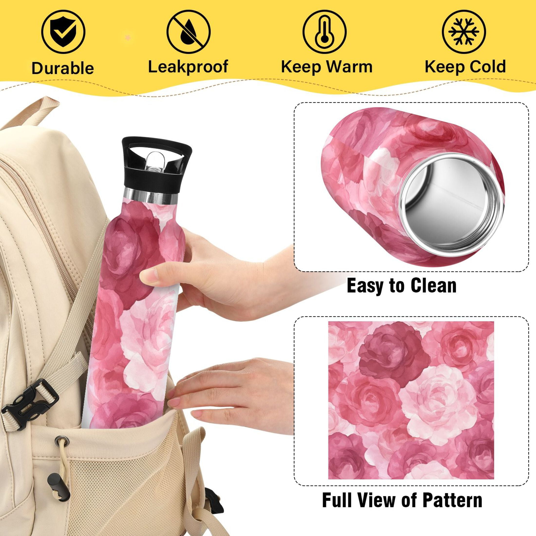 600ML Stainless Steel Insulated Cup Sports Water Bottle Portable Thermos Cup Water Glasses Insulated Tumblers Convenient and Durable Charming Beige Roses Seamless