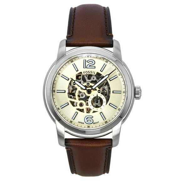 Fossil Heritage Montre Homme Bracelet Cuir Marron Crème Cadran Squelette Automatique ME3264