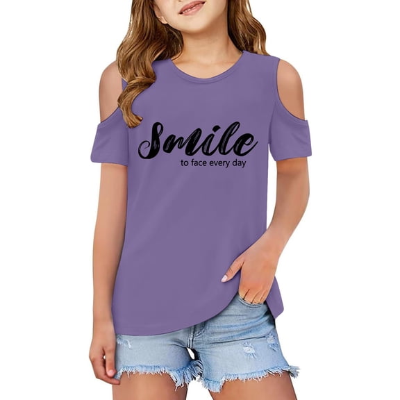 Girls Tshirts Letter Print Short Sleeve Shirts Cut-Out Design Crewneck Tee Tops Girls Shirts Size 5-6 Years