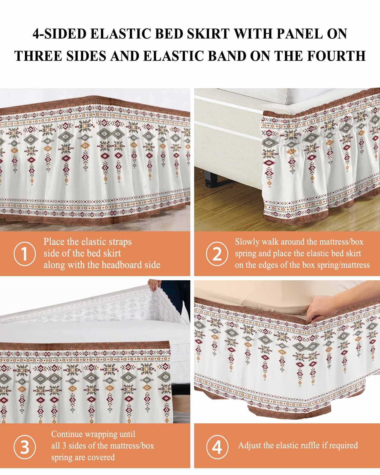 Vintage Southwest Bed Skirt Wood Grain Boho Geometric Tribal Style Bed Skirts Queen Size 16 Inch Drop, Wrap Around Dust Ruffle&nbsp;Bedskirt with Adjustable Elastic Belt for Queen Size Beds