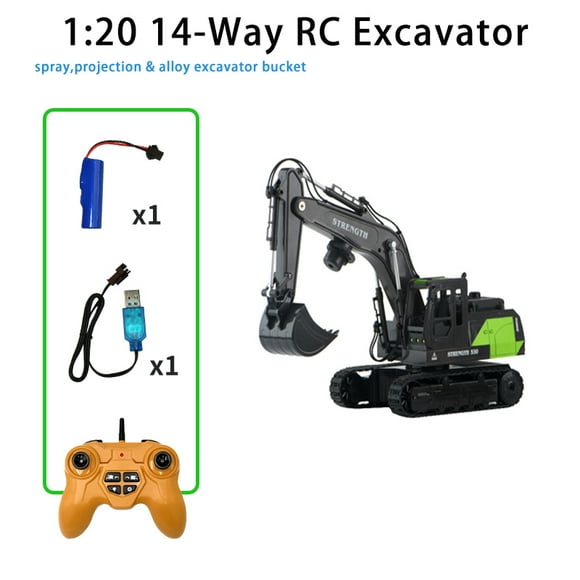 1: 20 14-way remote control excavator alloy excavator bucket with projection water spray function 3-4-5-6-7-8-9 -14years old boy Grey with green