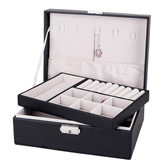 S SERENABLE 1pc Jewelry Box Organizer Display Dual Layer Case for Earrings w/ Lock Black