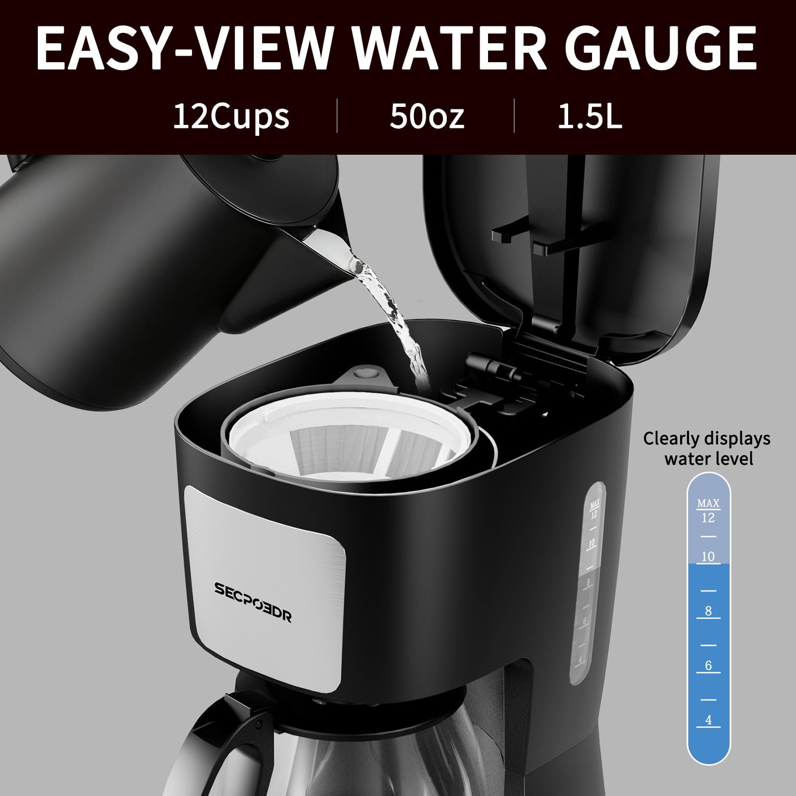SECPOEDR 12 Cup Drip Programmable Coffee Maker, Easy Pour, Non-Drip Carafe with Removable Filter Basket for Kitchen, Office Black