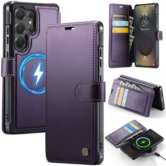 Dteck Magnetic Wallet Case for Samsung Galaxy S26 Ultra, Shockproof Leather TPU Card Slots RFID Blocking Case Compatible with Mag Safe Kickstand Flip Cover , Purple