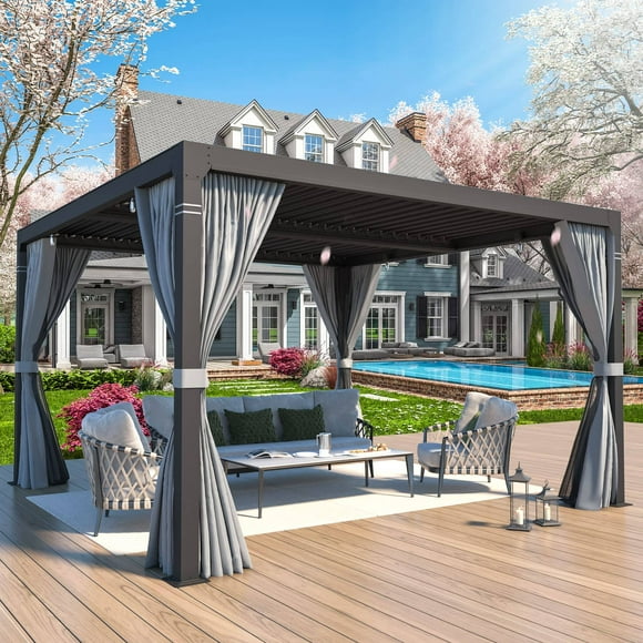 MELLCOM 10'×10' Outdoor Louvered Pergola with Adjustable Aluminum Rainproof Roof, Patio Hardtop Gazebo Sun Shade Shelter for Beach Deck Patio Garden Yard, Curtains and Netting Included