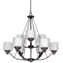 F17009-64-Sunset Lighting-Abbot - 9 Light 2-Tier Chandelier Provincial Bronze Finish with Frosted Opal/Clear Seedy Glass