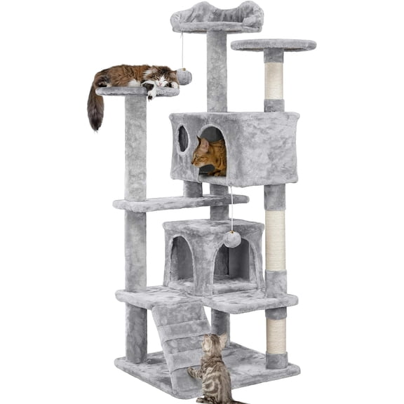 LibraMAl 54in Cat Tree Cat Tower w/Scratching Posts, Double Condos and Dangling Balls Kittens Pet House Play, Light Gray