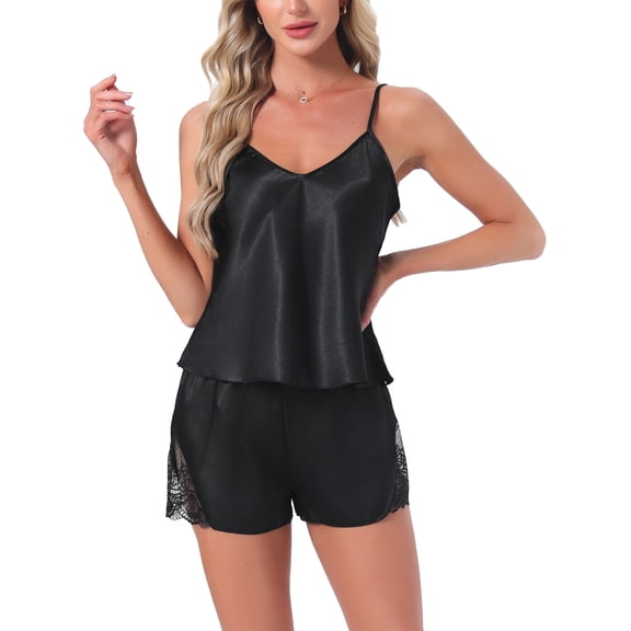 INSPIRE CHIC Women's Satin Pajamas Silky Soft V-Neck Lace Trim Lingerie Camisole Tops with Shorts Loungewear Set M Black