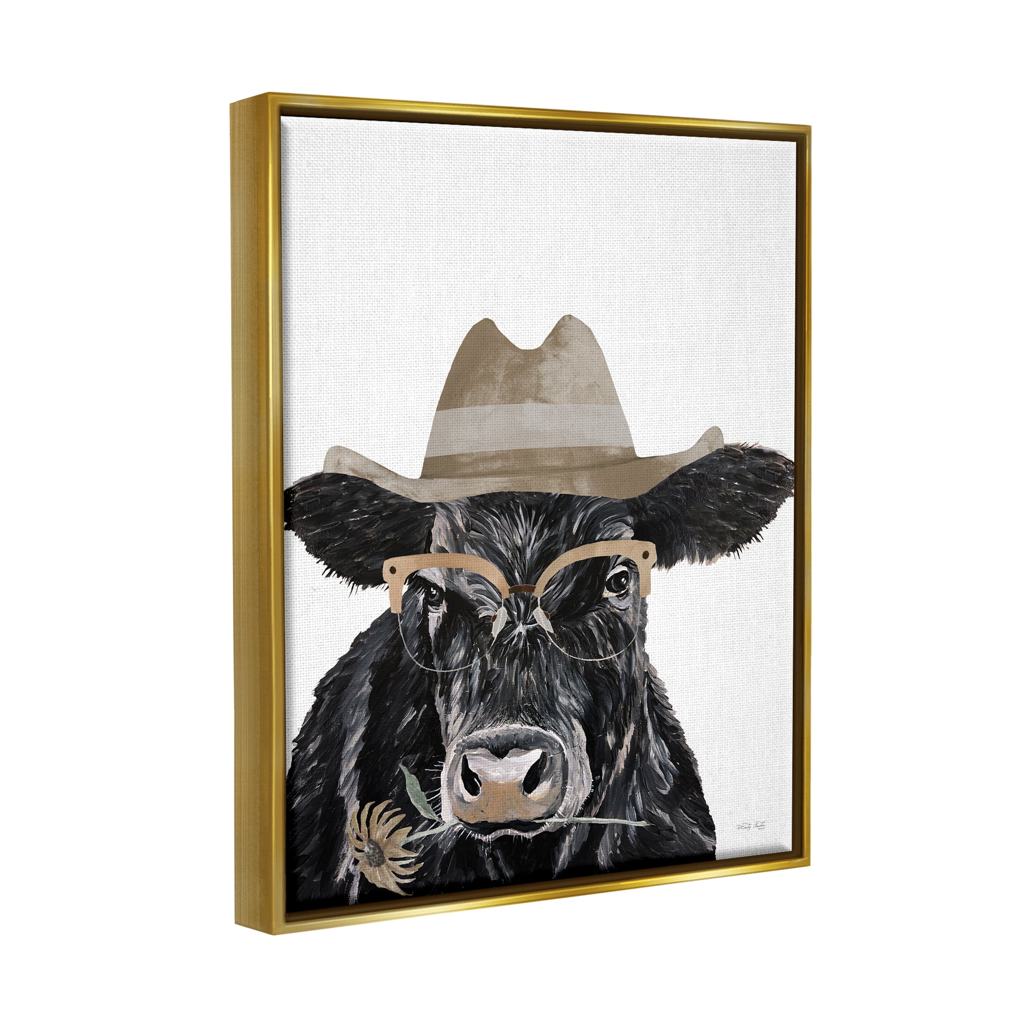 Stupell Industries Cattle in Hat & Glasses Animals & Insects Painting Gold Floater Framed Art Print Wall Art, 25 x 31