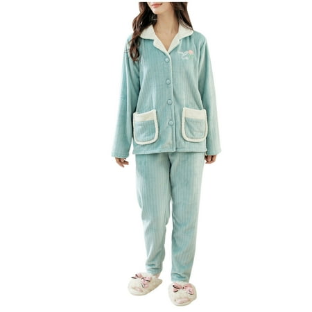 

TFDZ Pajama Set For Women Pajamas For Women Ladies Coral Fleece Warm Pajamas Set Flowers Print Long Sleeve Cardigan Pocket Homewear Blue