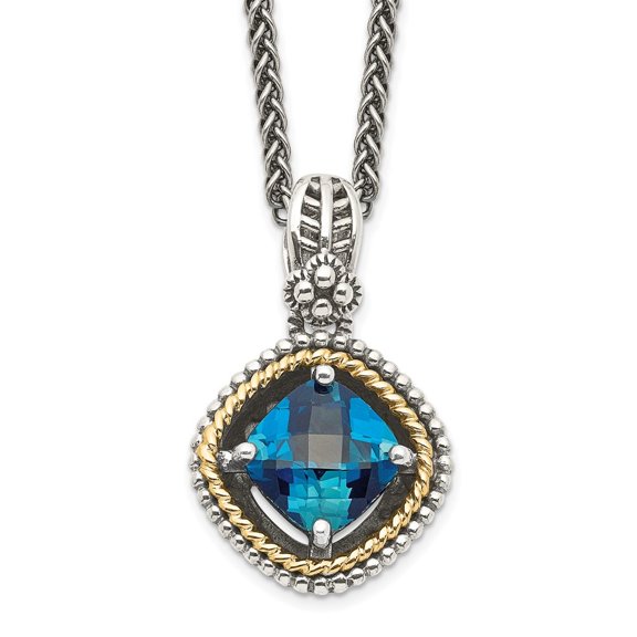 Auriga Fine Jewelry 925 Sterling Silver 8 mm with 14K Accent Antiqued Cushion Blue Topaz Necklace for Women 18"