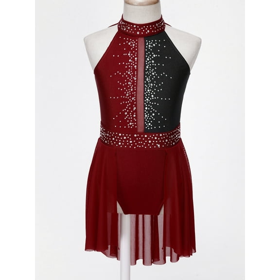 Miutii Kids Girls Modern Contemporary Costume Halter Sequins Leotards Dance Lyrical Ballet Dress Dancewear Burgundy 8