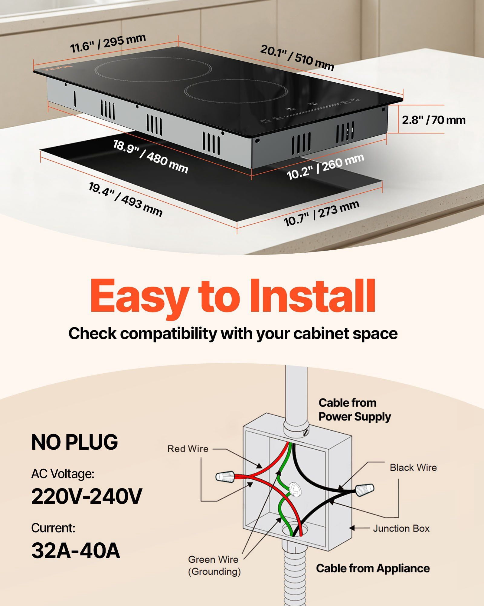 Built in Electric Stove Top 20 x 11.6 Inch 2 Burners 240V Glass Radiant Cooktop with Sensor Touch Control Timer Child Lock 9 Power Levels for Simmer Steam Slow Cook Fry