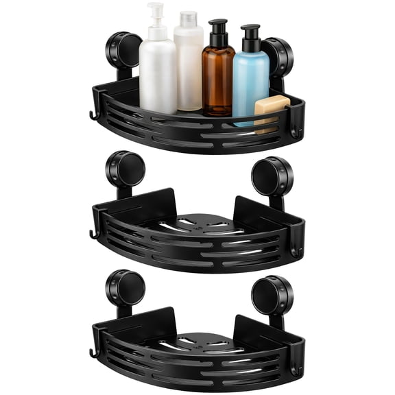 3 Pcs Black Triangle Suction Cup Shower Caddy, No-Drill Corner Storage Shelves with Hooks, Long-Lasting Plastic Bathroom Organizer for Shampoo, Soap, Spices, 11.61 x 8.66 x 2.09 in