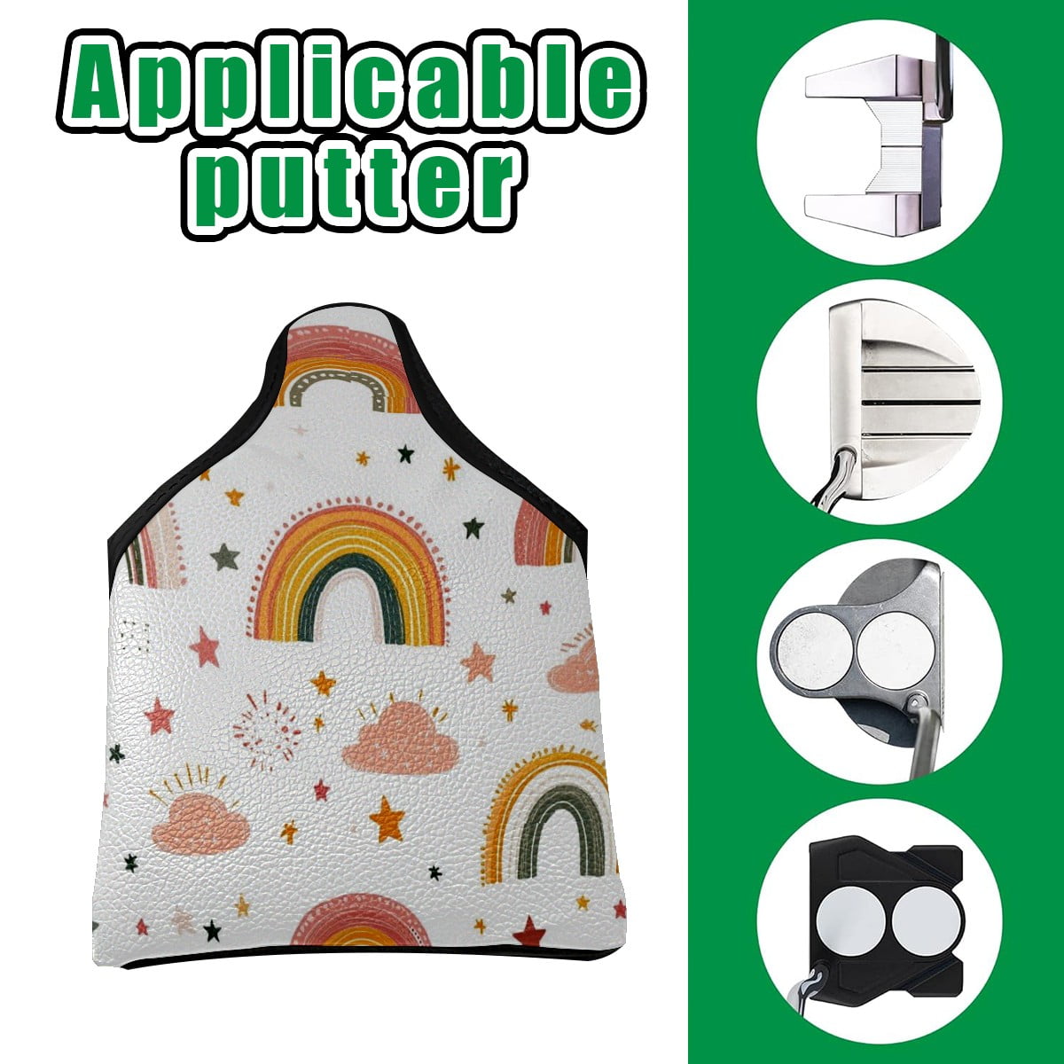 Golf Mallet Putter Cover Premium Leather Golf Putter Head Cover with Magnetic Closure, Golf Cover for Men and Women White Cloud Rainbow Pattern