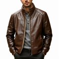 thumbnail image 3 of Atkumj Mens Bomber Jacket Fashion Stand Collar Zip Up Outdoor Faux Leather Jacket Casual Solid Color Fleece Lined Warm Jackets for Men 5XL, 3 of 10