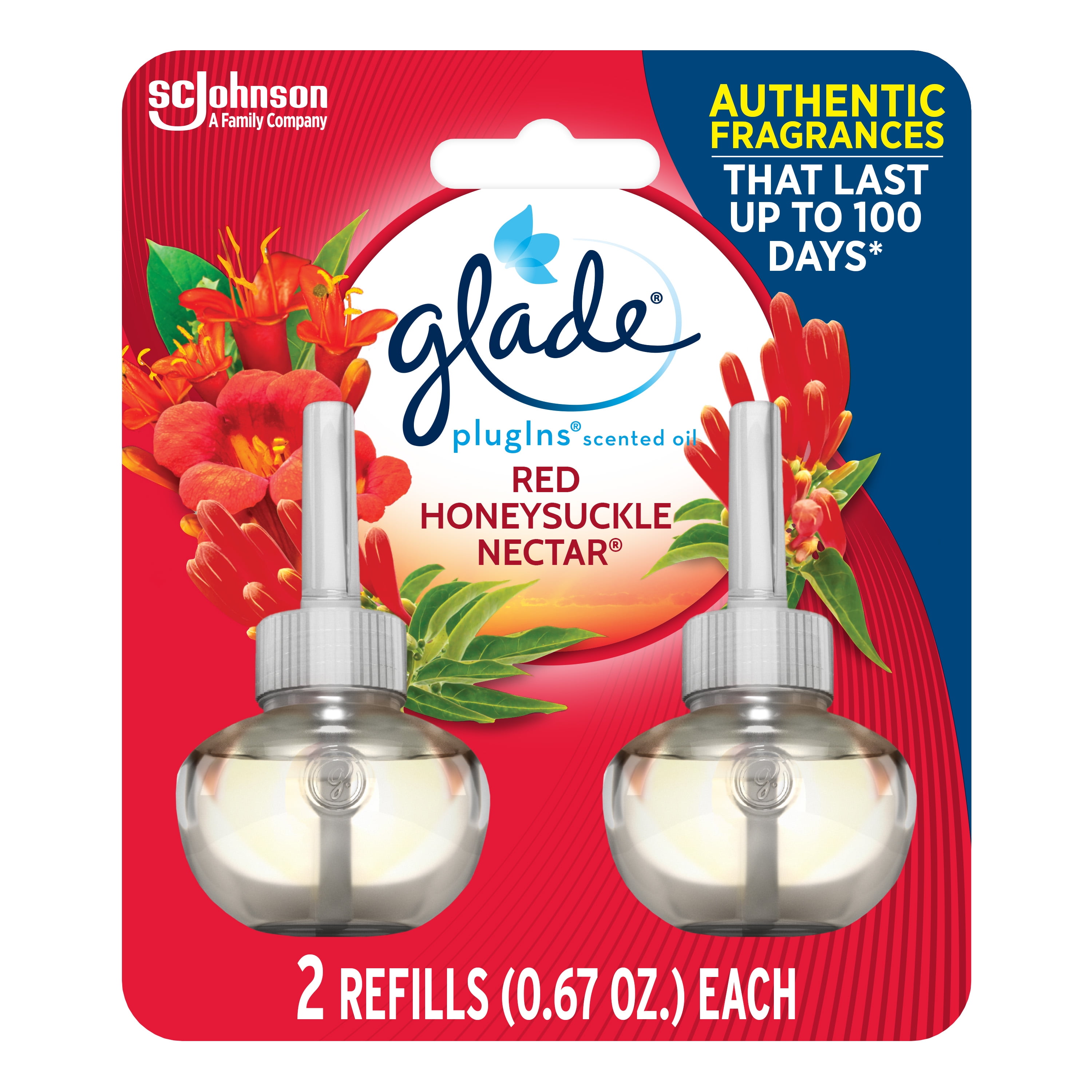 Glade PlugIns Refill 2 CT, Red Honeysuckle Nectar, 1.34 FL. OZ. Total