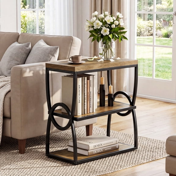 Finmind Narrow End Table, 3-Tier Couch Side Table With Storage Shelves