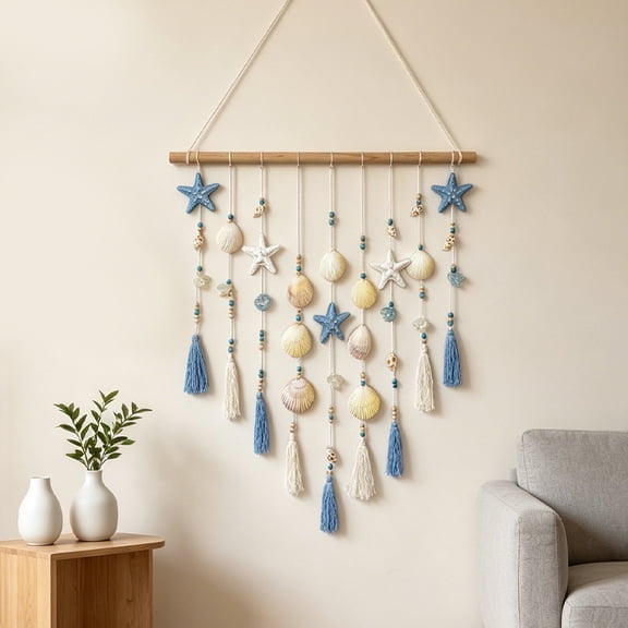 SFASYELY Mediterranean Macrame Wall Hanging, Handmade Cotton Rope Tapestry with Shells and Starfish, Coastal Ocean Themed Wall Art Decor for Bedroom Living Room Nursery, 31.5" x 15.7"