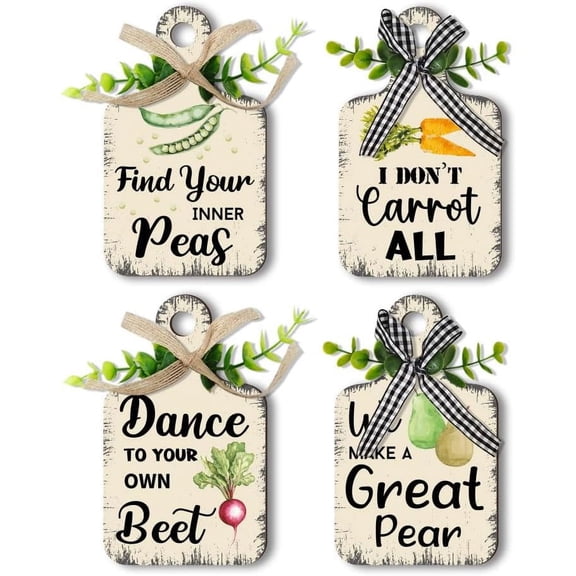 4pcs Vegetable Sayings Wooden Sign Wall Decor Eat Wood Cutting Board Sign Farmhouse Tiered Tray with Hemp Rope Wall Art Rustic Hanging Wall Decor