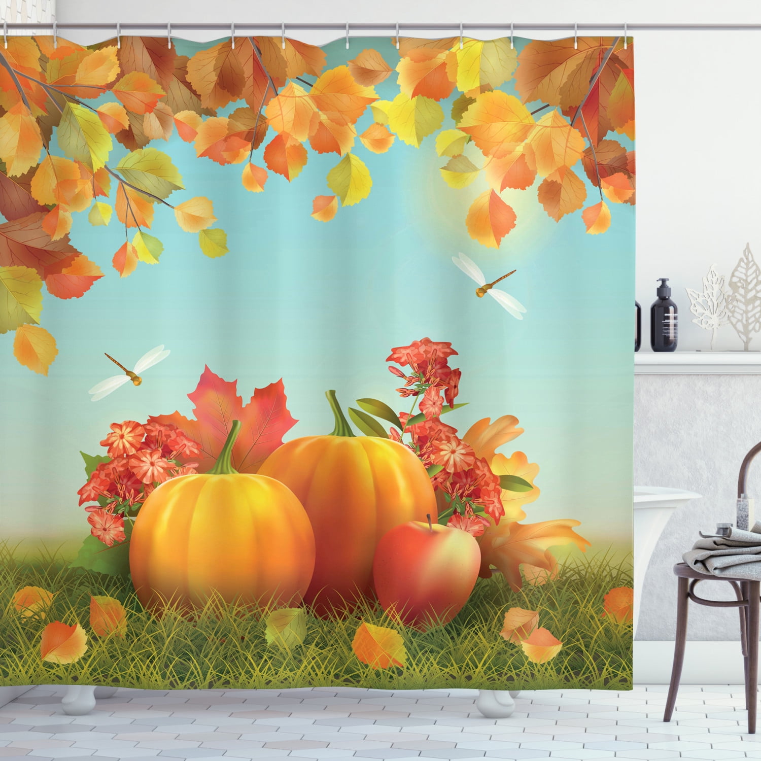 Happy Thanksgiving Day Autumn Leaves Holly Fruit Pumpkin Shower Curtain Hook Mat 