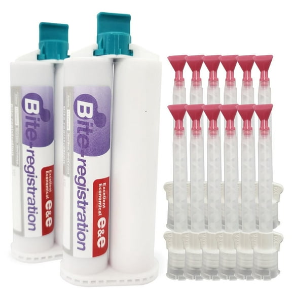 E&E Dental Bite Registration Material, Fast Set, Set of 2 50ml Cartridges   12 Mixing Tips   12 Patented Flat Tip