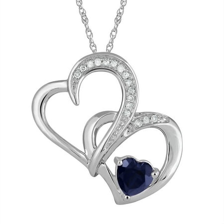 Heart 2 Heart Created Blue Sapphire and 1/10 Carat T.W. Diamond Sterling Silver Heart Pendant with Chain
