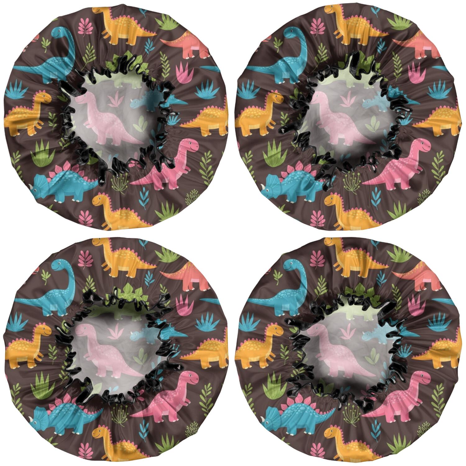 Shower Caps,DarkBrown Cartoon Dinosaurs Colorful Plants Pattern Waterproof Shower Cap for Women 4 Pieces,Double Reusable Hair Cover for Shower PEVA Elastic Stretch Hem