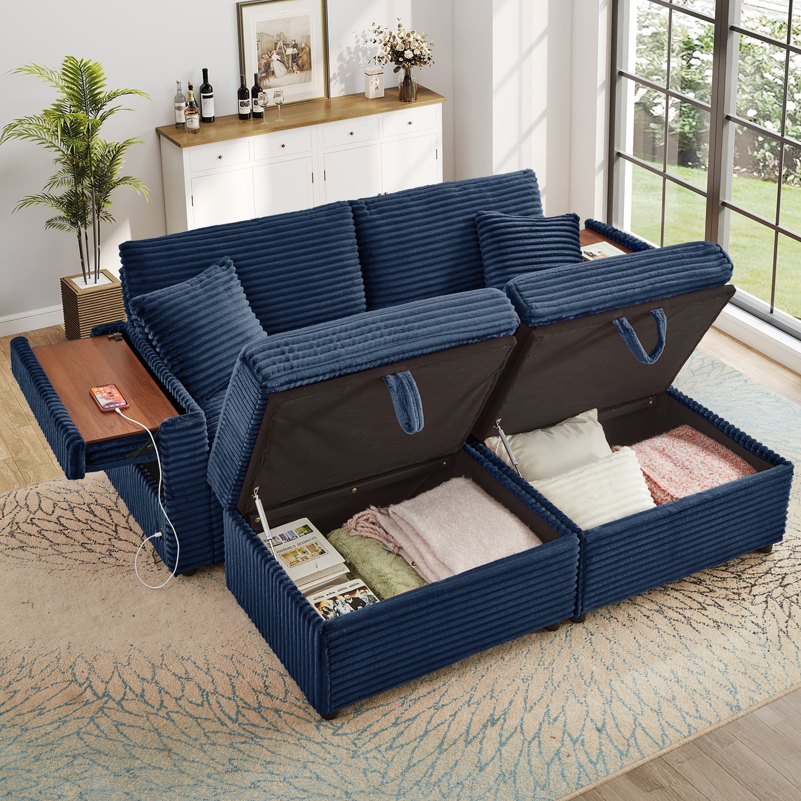 Muumblus Loveseat Sectional Sofa with 2 Storage Ottomans, Modular Cloud Couch with 2 Side Tables & USB, Plush Double Chaise Lounge Sofa Bed Indoor, Blue Corduroy