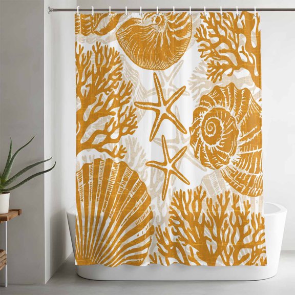 Summer Seashell Shower Curtain, Coastal Yellow Conch Scallop Starfish Coral Waterproof Washable Bath Fabric Shower Curtains Set with 12 Hooks for Bathroom Bathtub Decoration 66x72in