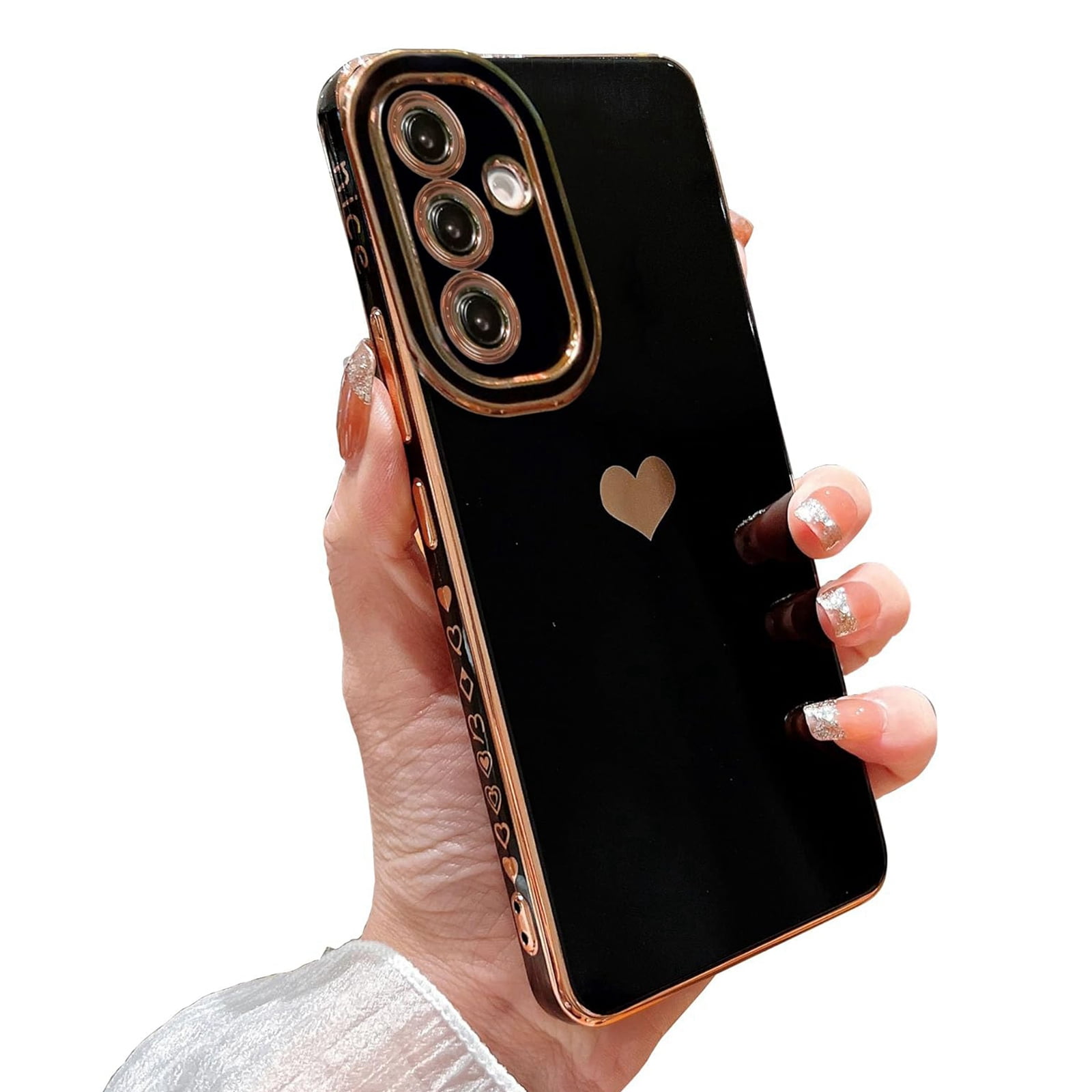 Dteck Case for Samsung Galaxy A25 5G, Luxury Electroplate Cute Side Love Heart Cover Full Camera Protection Soft Silicone Anti-Fingerprint Shockproof Cover,Black