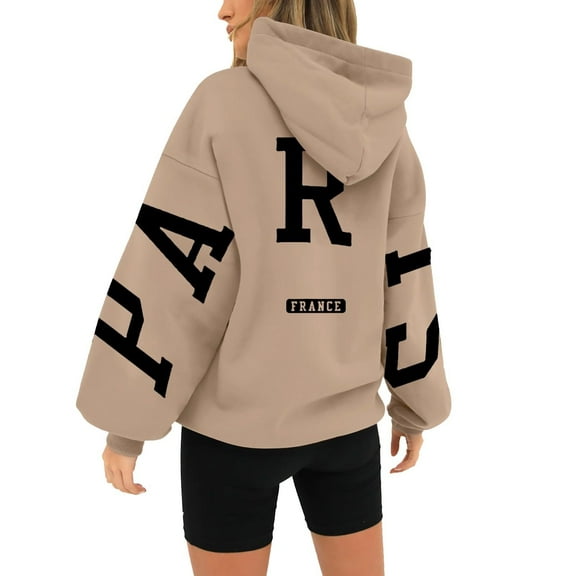 jtjvou Women's Hoodies Pullover Paris Sweatshirts Long Sleeve Loose Letter Print Hooded Pullover Tops Fall Clothes Women,Khaki,M