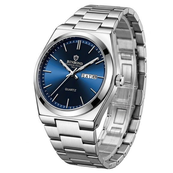 Men's Quartz Watch Silver Stainless Steel Band with Day Date Blue Sunray Dial WaterproofLuminous Fashion Business Wristwatch for Men