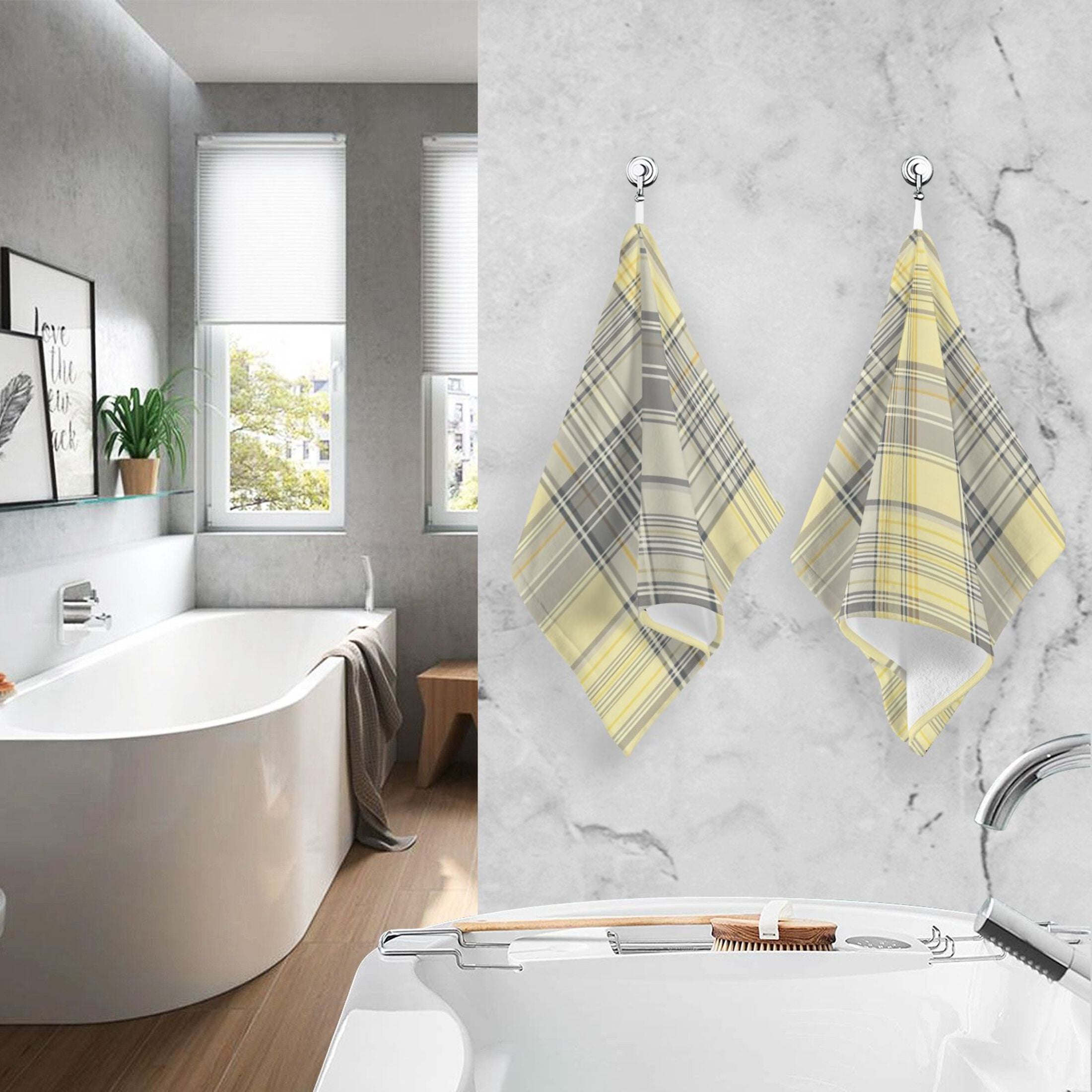 2 Pcs Absorbent Face Towel Bath Hand Towels Soft Breathable Cotton Towel Set for Bathroom Kitchen Hotel Spa Decor Light Yellow and Grey Tartan