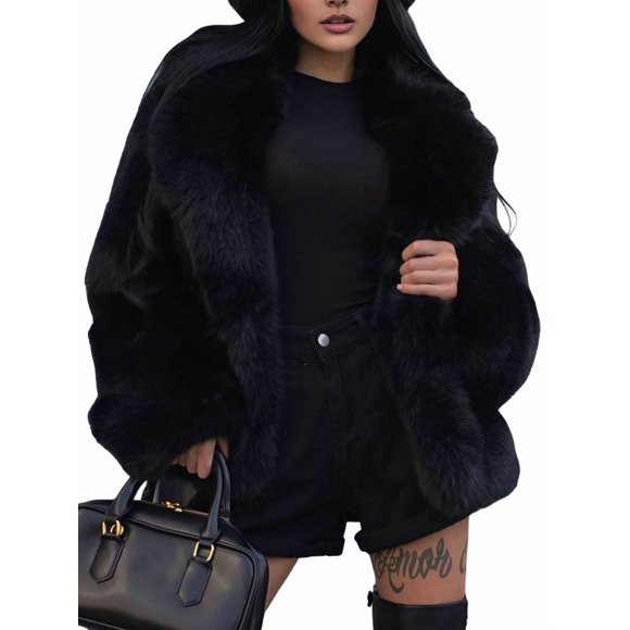 Female Faux Fur Coat Faux Fur Jacket Long Sleeve Lapel Furry Winter Jackets Parka Short Coat Black XXL
