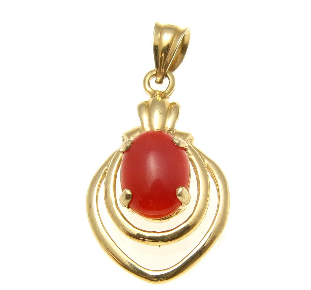 Geniune natural red coral pendant set in solid 14k yellow gold 14.40mm by