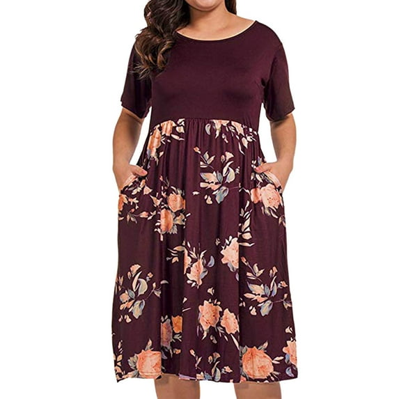 Plus Size Women's Summer Splicing Boho Floral Short Sleeve Shirt Skirt Dresses Long Maxi Dress Party Cocktail Beach Sundress XL-5XL