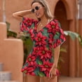 thumbnail image 2 of Red Poinsettias on Green Background Beach Cover Ups Women V Neck Short Sleeve Dress Coverups Beachwear, 2 of 6