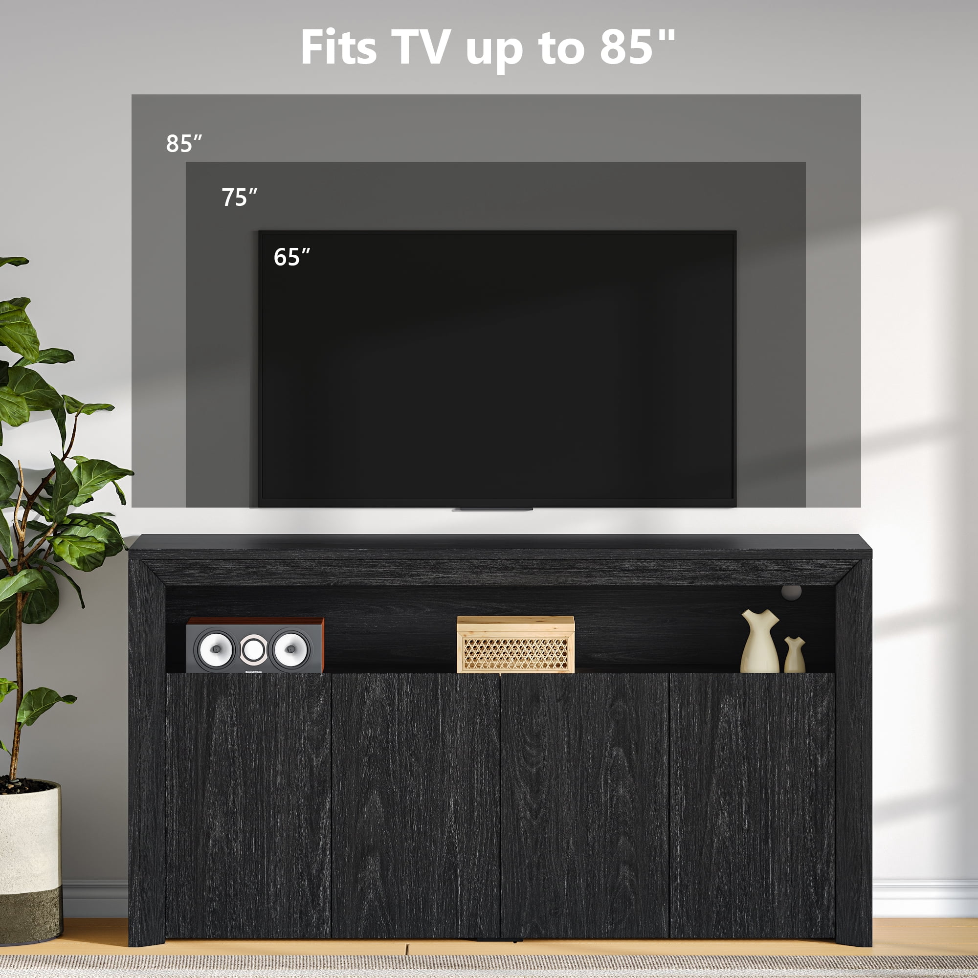 Einhomn TV Stand for TVs up to 85 Inch,Wood Entertainment Center with Open & Adjustable Storage,Mid Century Modern TV Media Console with LED Lights for Living Room,Bedroom,Dark Grey