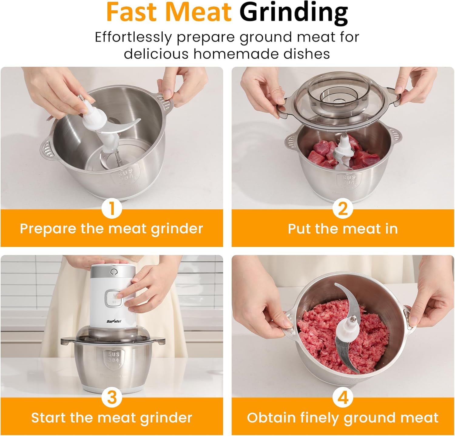 4-IN-1 Electric Food Processor with 350W Motor for Meat, Vegetables, Juicing & Coffee Grinding, Portable Blender with Stainless Steel Bowl and 2 Cups, White